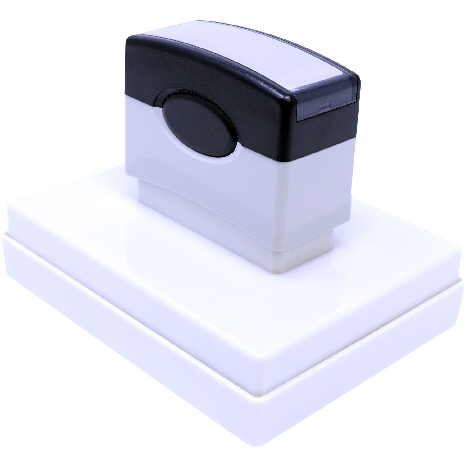 MaxLight XL2-700 Custom Pre-Inked Business Stamp 2-3/4-x 3-3/4, shown from a top-back angle, featuring a sleek black and white design.