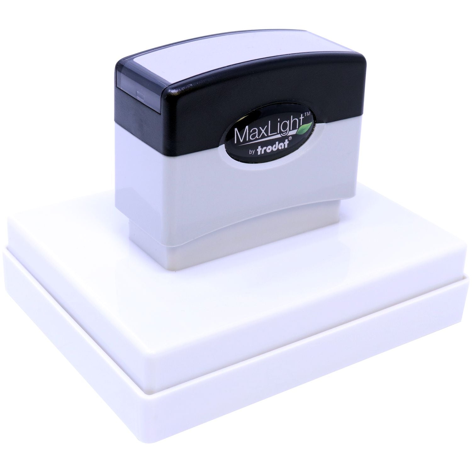 MaxLight XL2-700 Custom Pre-Inked Business Stamp 2-3/4-x 3-3/4, shown from a top front angle, with a black and gray design on a white base.