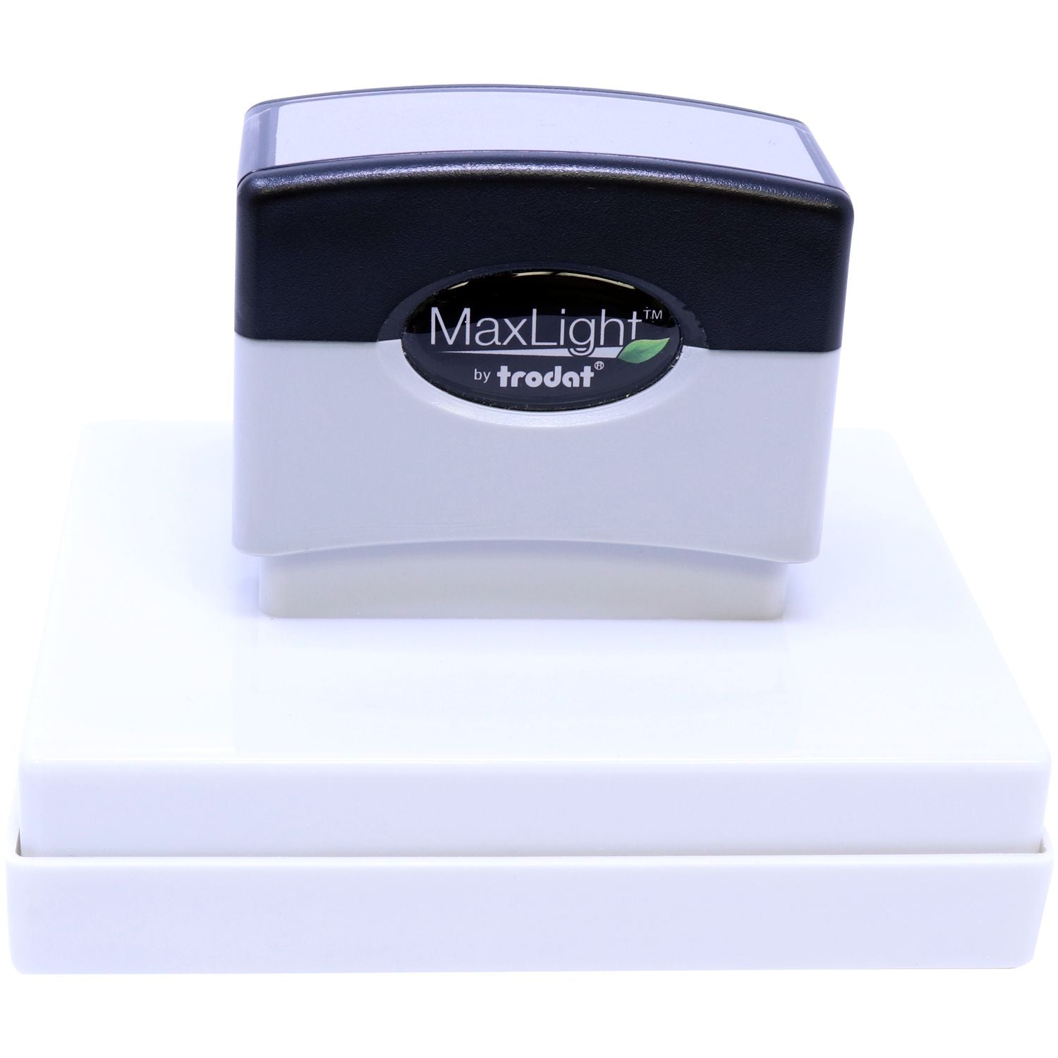 MaxLight XL2-700 Custom Pre-Inked Business Stamp 2-3/4-x 3-3/4 in black and gray, shown on a white base.