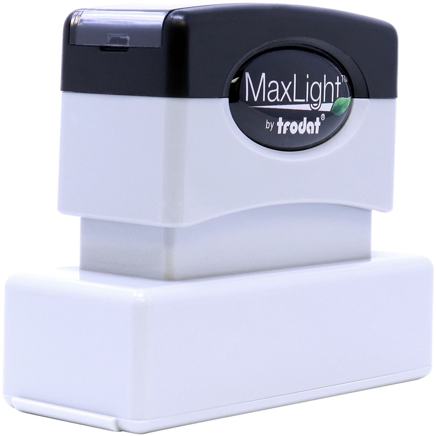 MaxLight XL2-145 Custom Pre-Inked Business Stamp 5/8 x 2-3/8, shown in a front angle view with a black and white design.