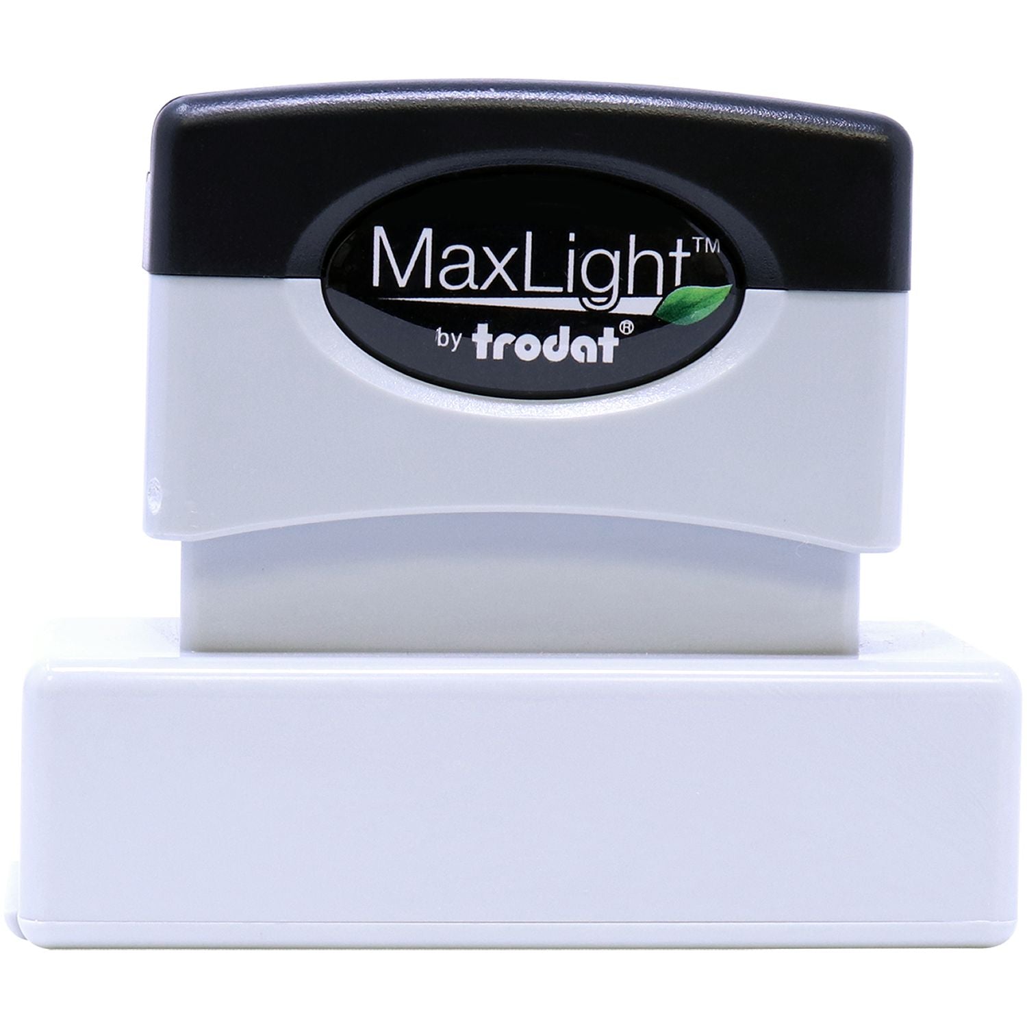 MaxLight XL2-145 Custom Pre-Inked Business Stamp 5/8 x 2-3/8 with a black top and white base, featuring the MaxLight logo on the front.