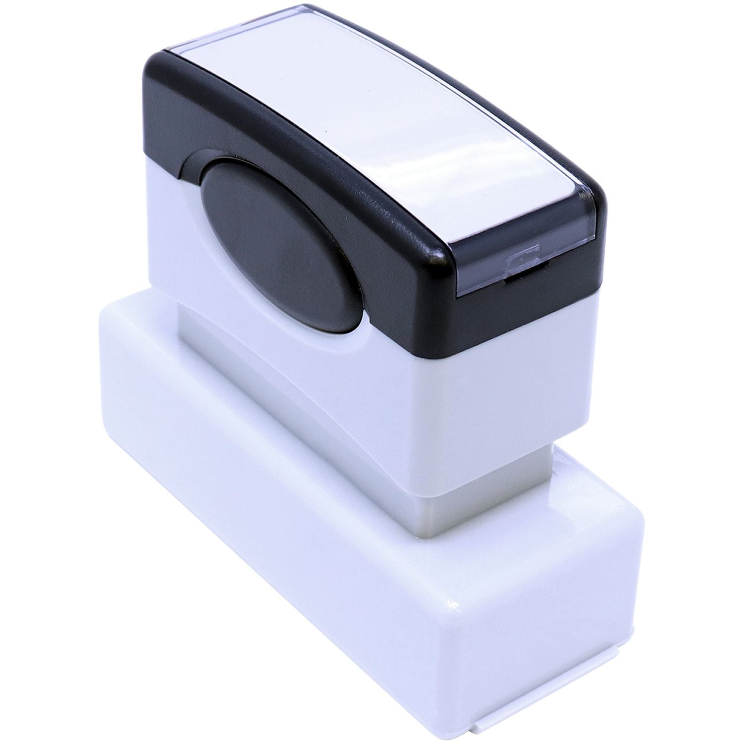 MaxLight XL2-145 Custom Pre-Inked Business Stamp 5/8 x 2-3/8, shown from a top-back angle, featuring a sleek black and white design.