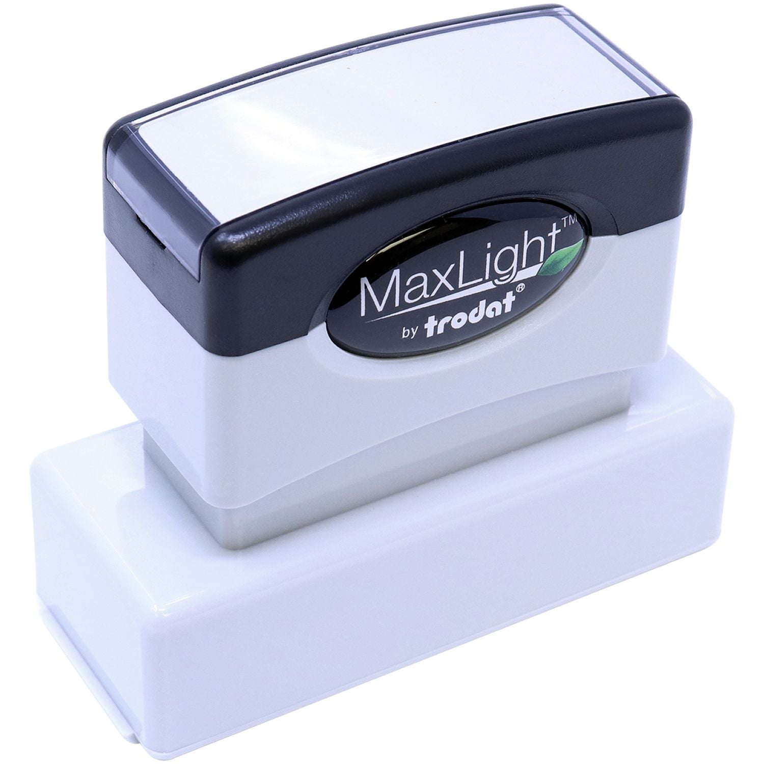 MaxLight XL2-145 Custom Pre-Inked Business Stamp 5/8 x 2-3/8, shown in a top front angle view, with a black and white design.