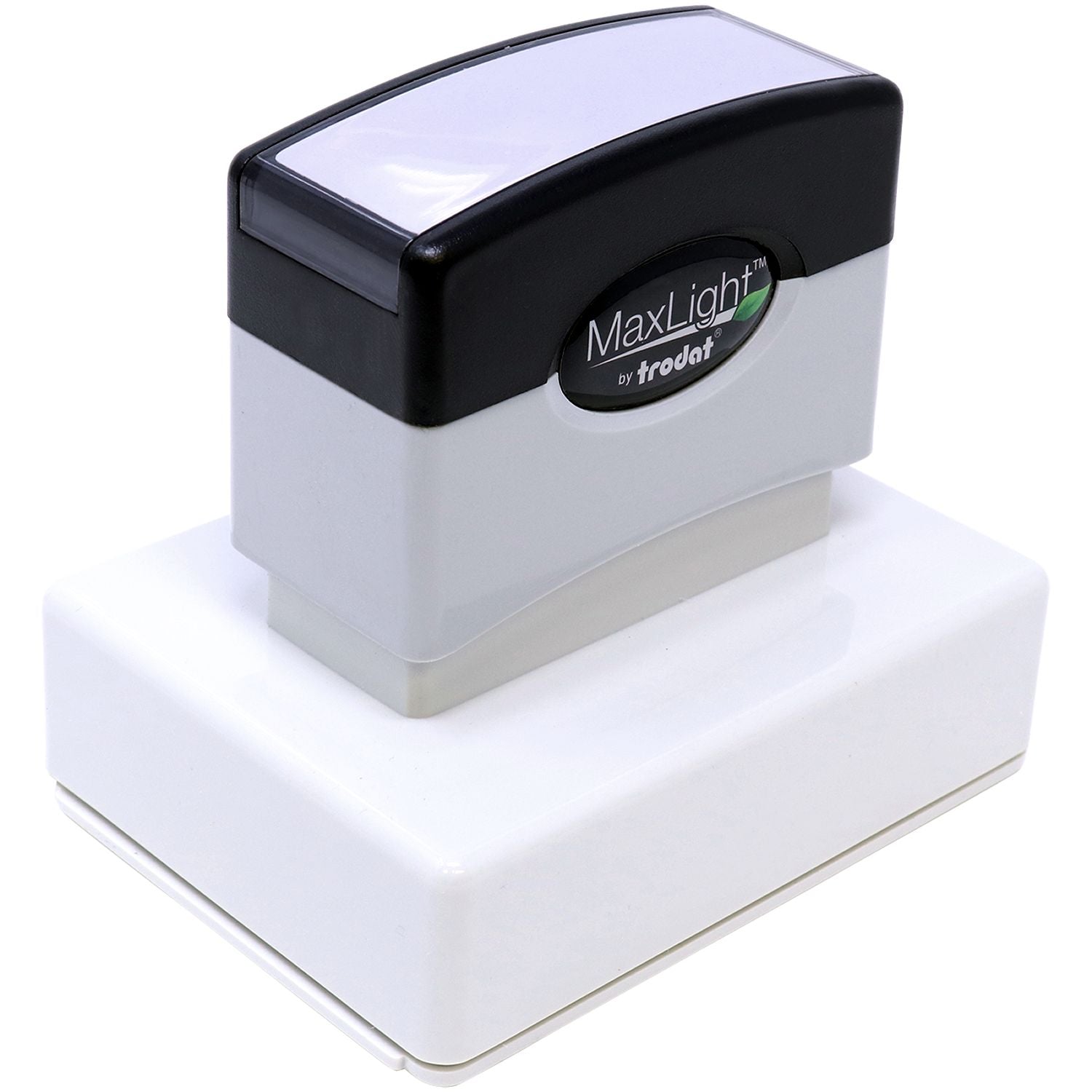 MaxLight XL2-145 Custom Pre-Inked Business Stamp 5/8 x 2-3/8, shown from a top front side angle, with a black and gray design on a white base.