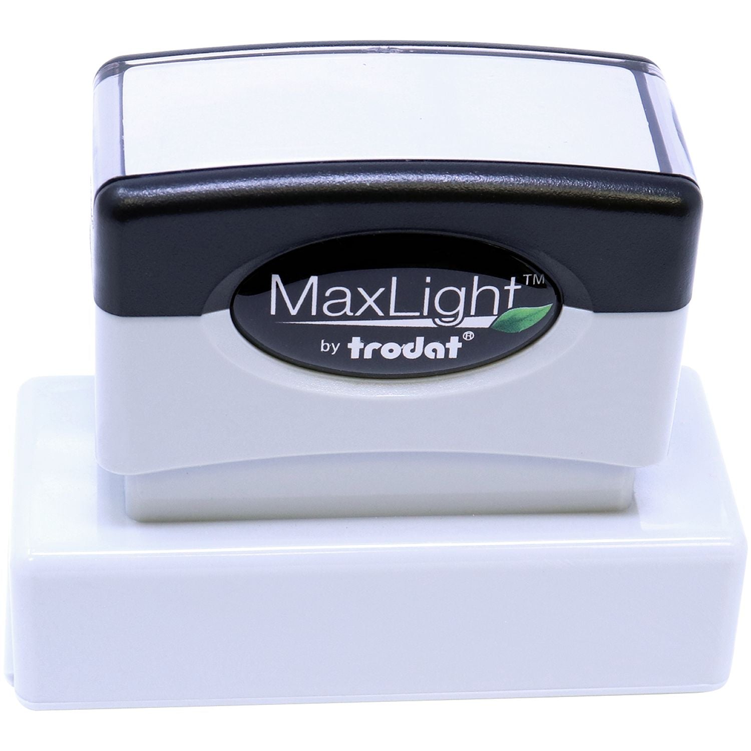 MaxLight XL2-145 Custom Pre-Inked Business Stamp 5/8 x 2-3/8, shown in black and white, with a clear base for easy stamping.