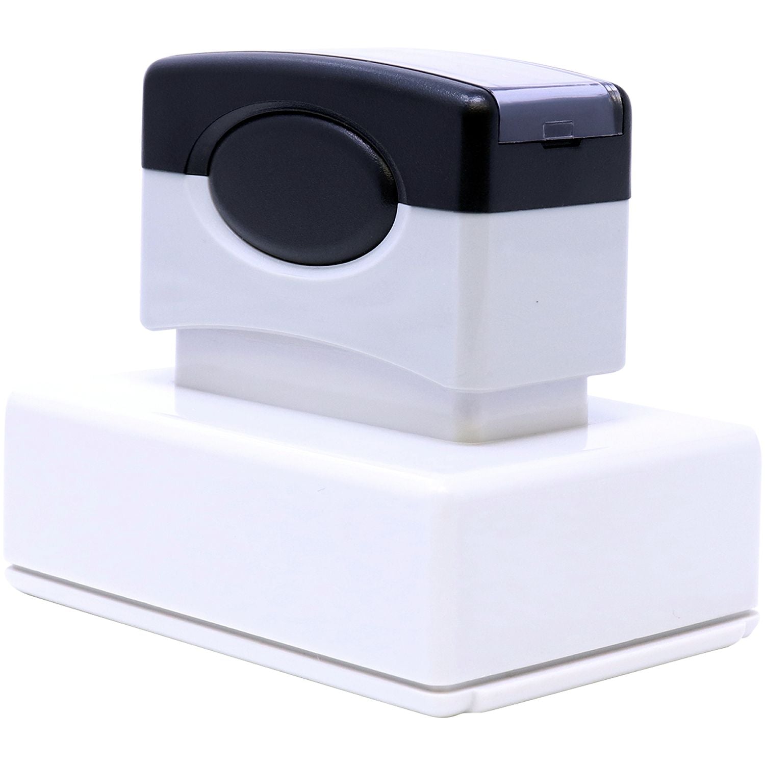 MaxLight XL2-165 Custom Pre-Inked Business Stamp 1-1/2 x 2-1/2, shown from a back angle, featuring a black and white design.