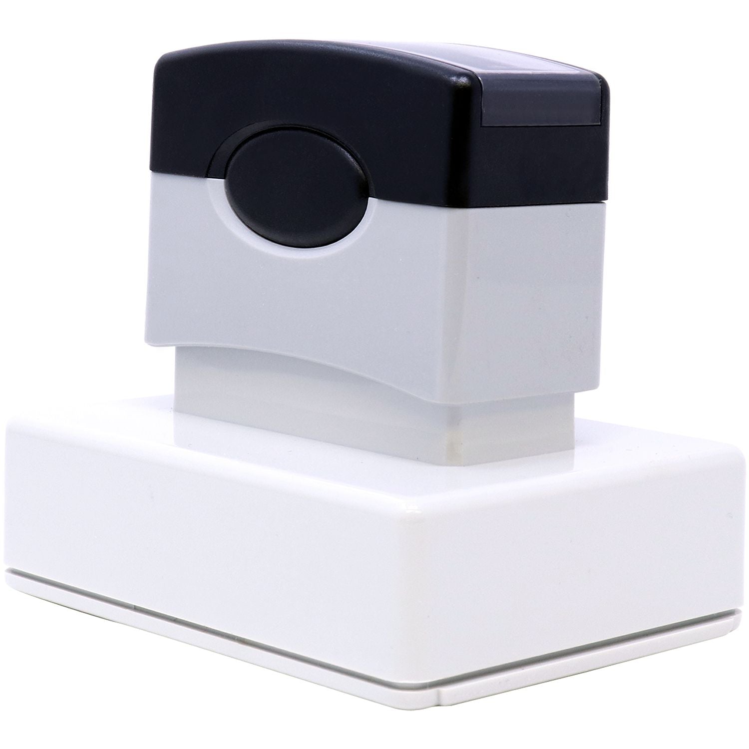 MaxLight XL2-165 Custom Pre-Inked Business Stamp 1-1/2 x 2-1/2, shown from a back side angle, featuring a black and gray design with a white base.