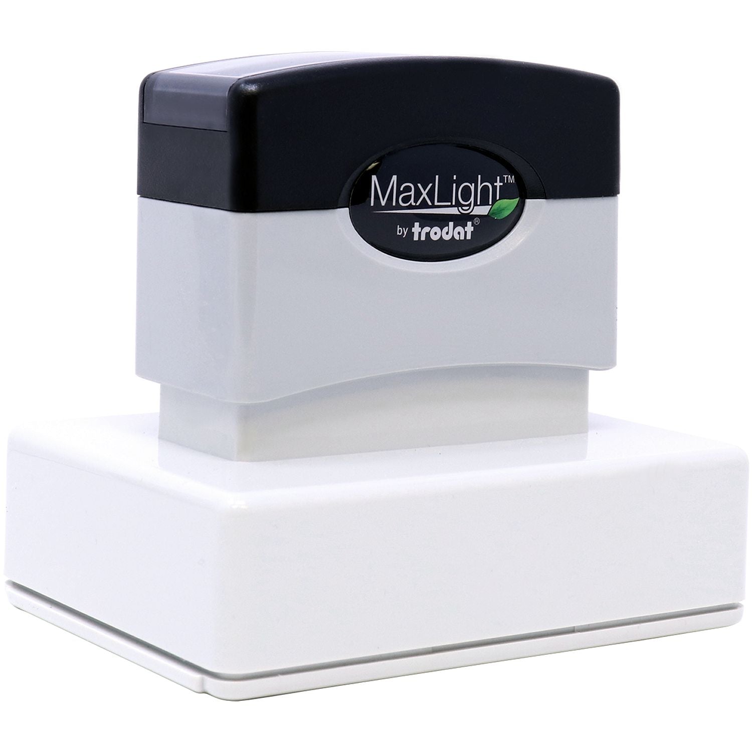 MaxLight XL2-165 Custom Pre-Inked Business Stamp 1-1/2 x 2-1/2, shown from a front-side angle, with a black and gray design.