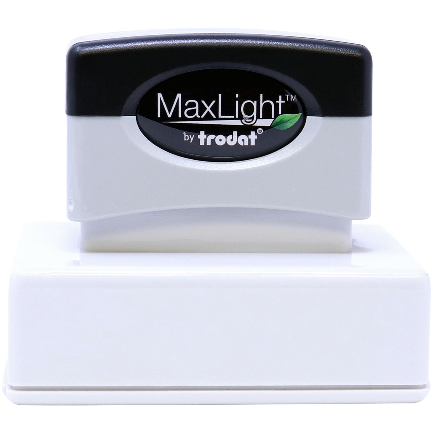 MaxLight XL2-165 Custom Pre-Inked Business Stamp 1-1/2 x 2-1/2, black and gray with a white base, by Trodat, shown from the front.