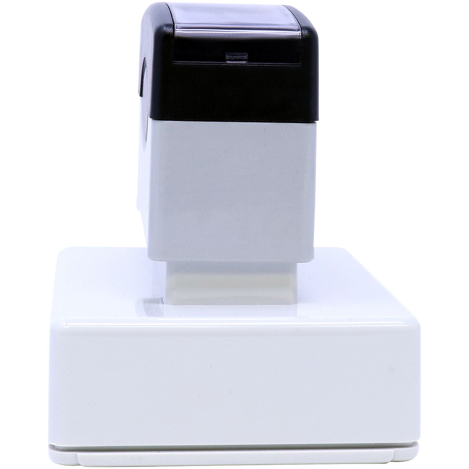 MaxLight XL2-165 Custom Pre-Inked Business Stamp 1-1/2 x 2-1/2, shown in a side view, with a black top and white base.