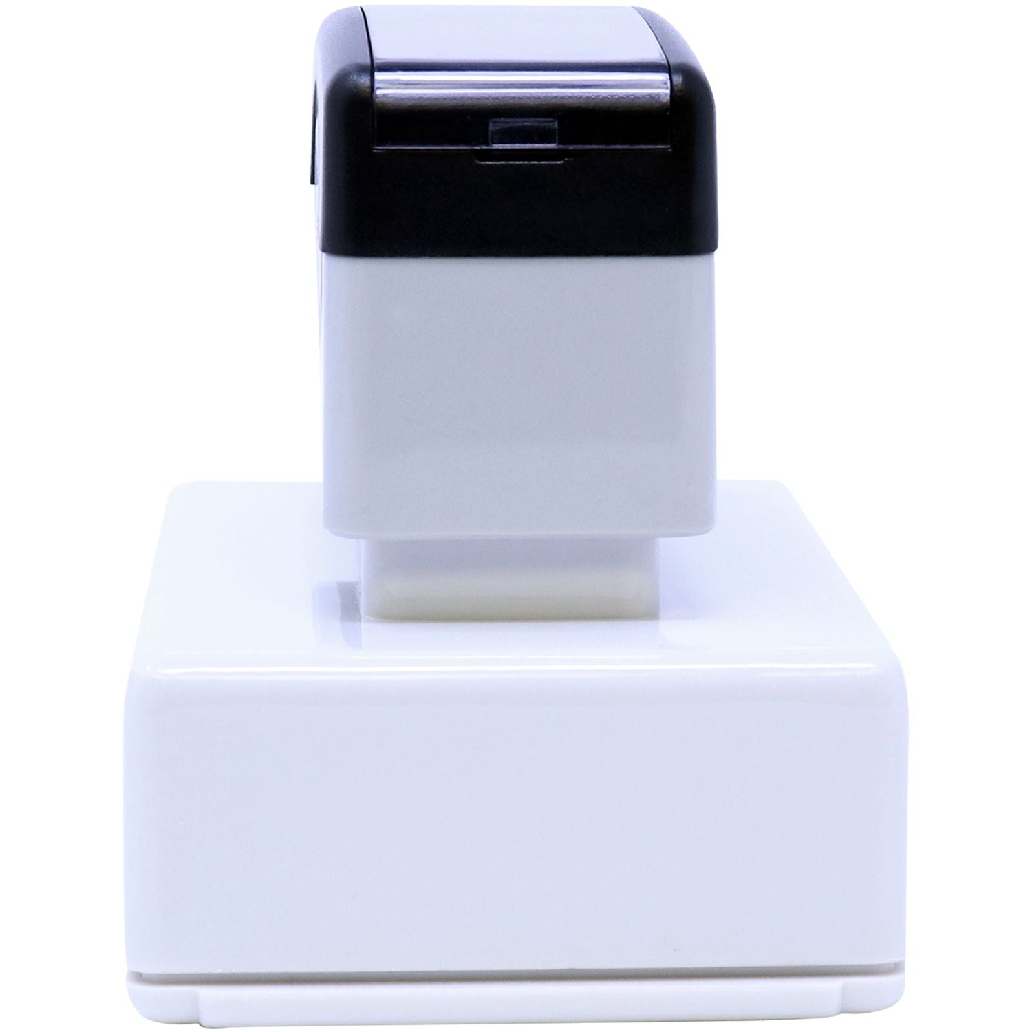 MaxLight XL2-165 Custom Pre-Inked Business Stamp 1-1/2 x 2-1/2, shown from the side, with a sleek white and black design on a white background.