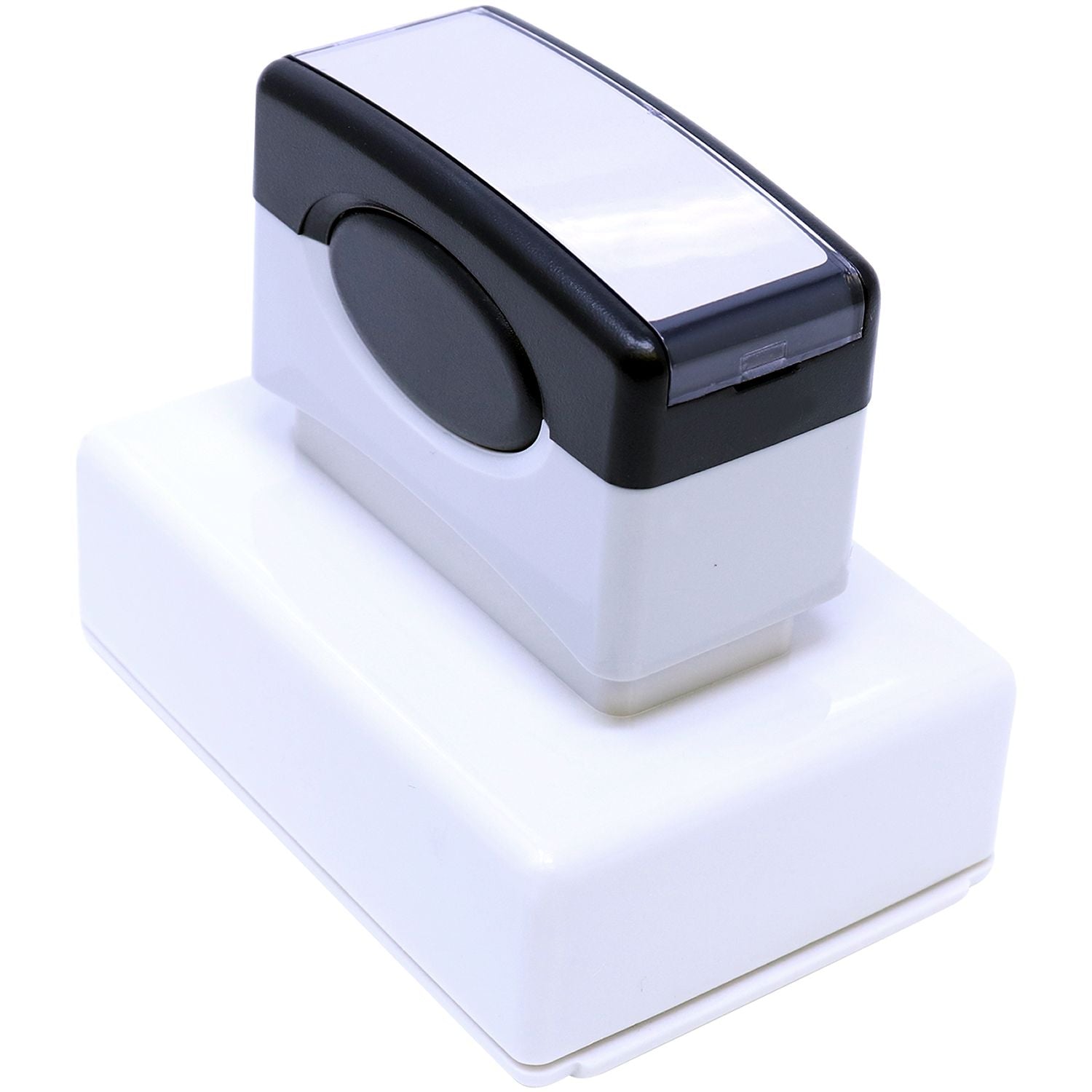 MaxLight XL2-165 Custom Pre-Inked Business Stamp 1-1/2 x 2-1/2, shown from a top-back angle, featuring a sleek black and white design.