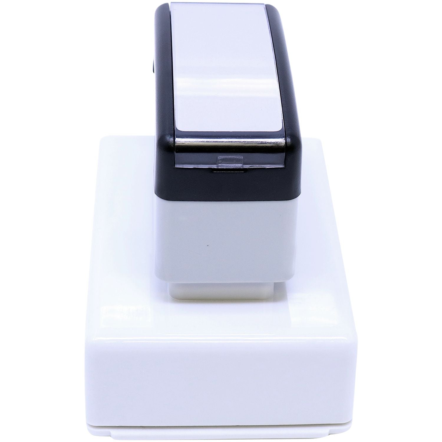 MaxLight XL2-165 Custom Pre-Inked Business Stamp 1-1/2 x 2-1/2, shown from the top and side, featuring a sleek black and white design.