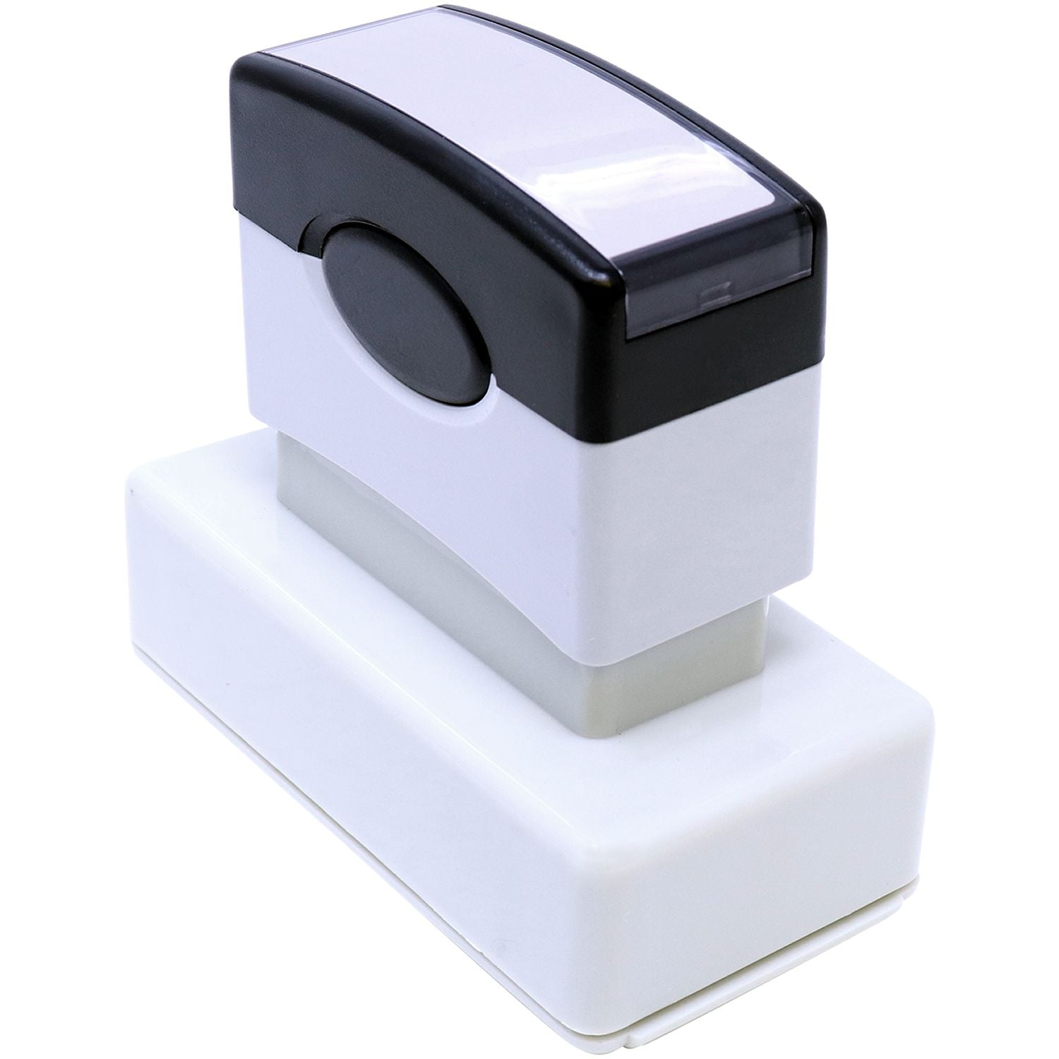 MaxLight XL2-245 Custom Pre-Inked Business Stamp 1-1/4 x 3-3/16, shown from a top-back side angle, featuring a black and white design.