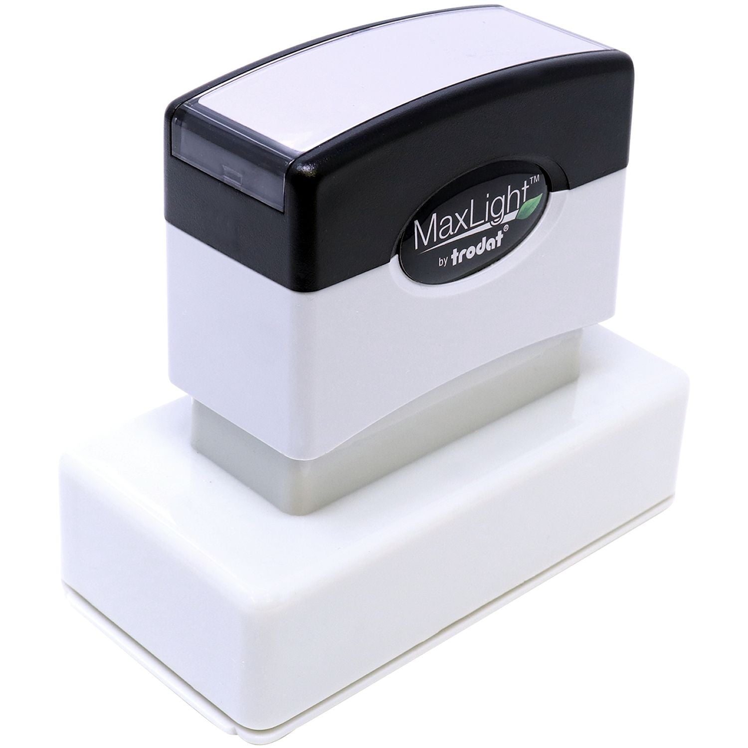 MaxLight XL2-245 Custom Pre-Inked Business Stamp 1-1/4 x 3-3/16, shown in a top-front-side view with a black and white design.