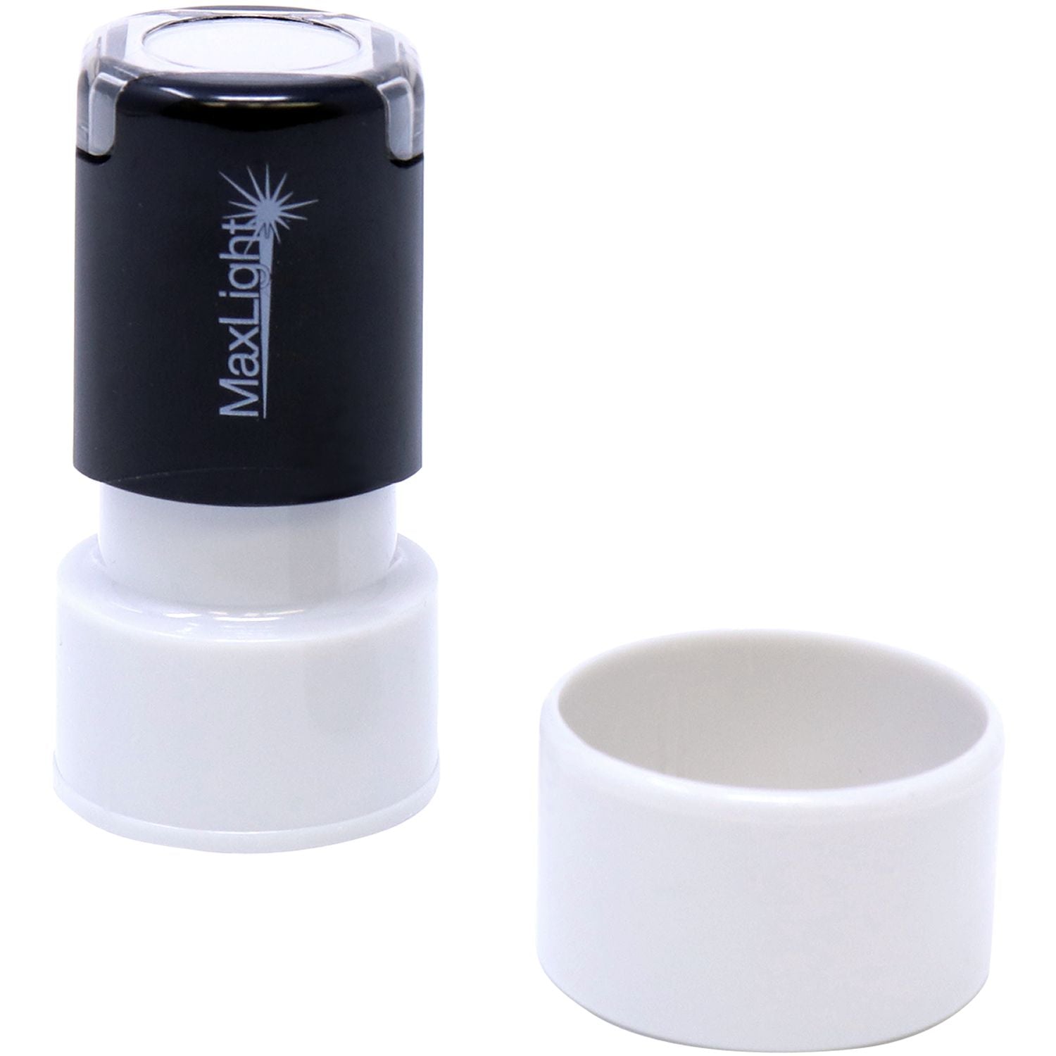 MaxLight XL2-325 Custom Pre-Inked Business Stamp 5/8 Diameter, black top with white base, shown with cap removed and placed beside it.