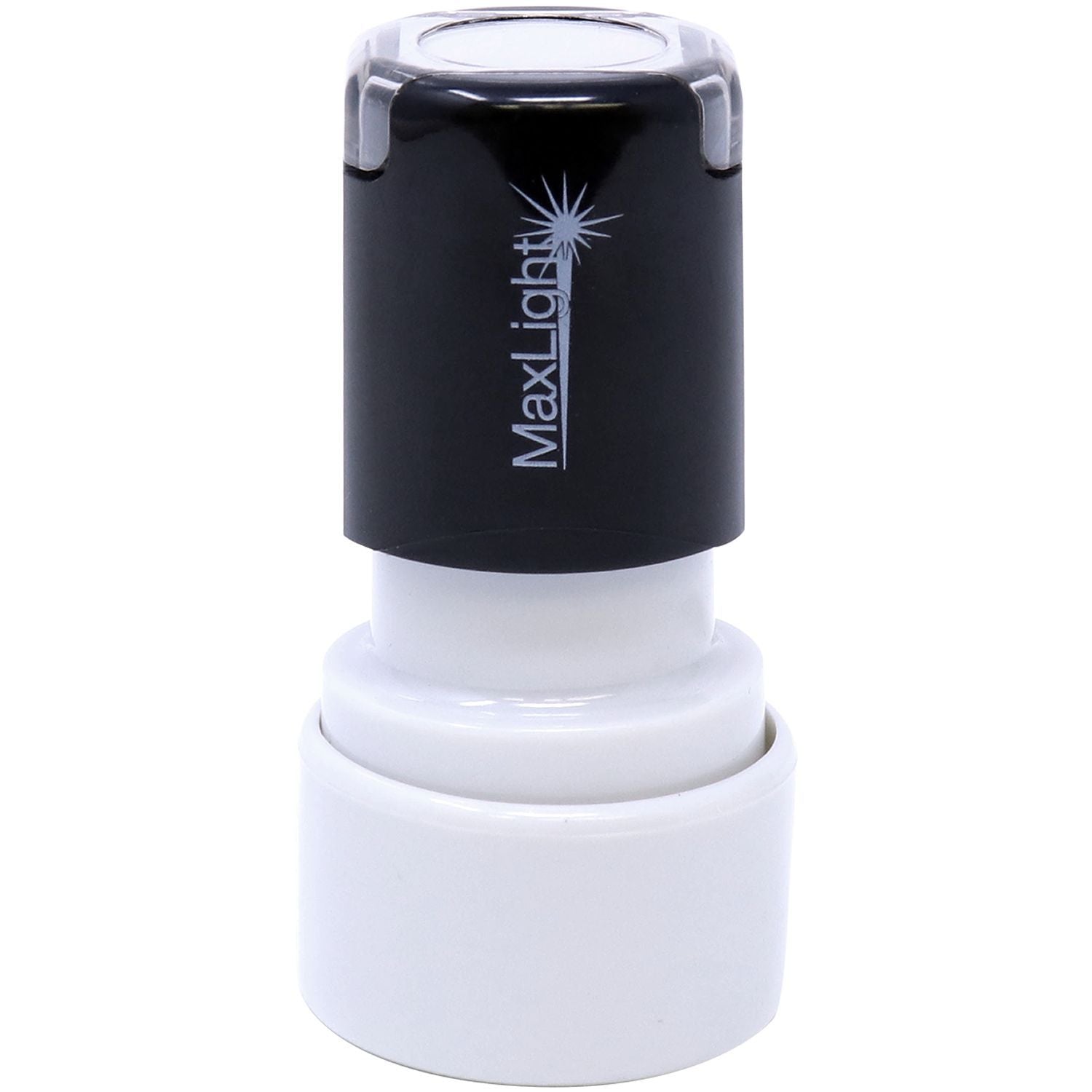 MaxLight XL2-325 Custom Pre-Inked Business Stamp 5/8 Diameter, black and white, cylindrical design with a clear cap, front view.