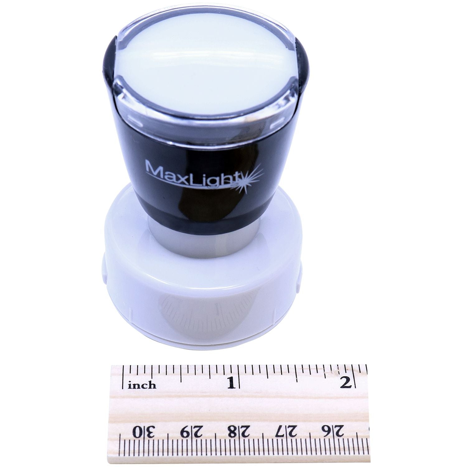 MaxLight XL2-495 Custom Pre-Inked Business Stamp 1-3/16 Diameter shown next to a ruler for size reference.