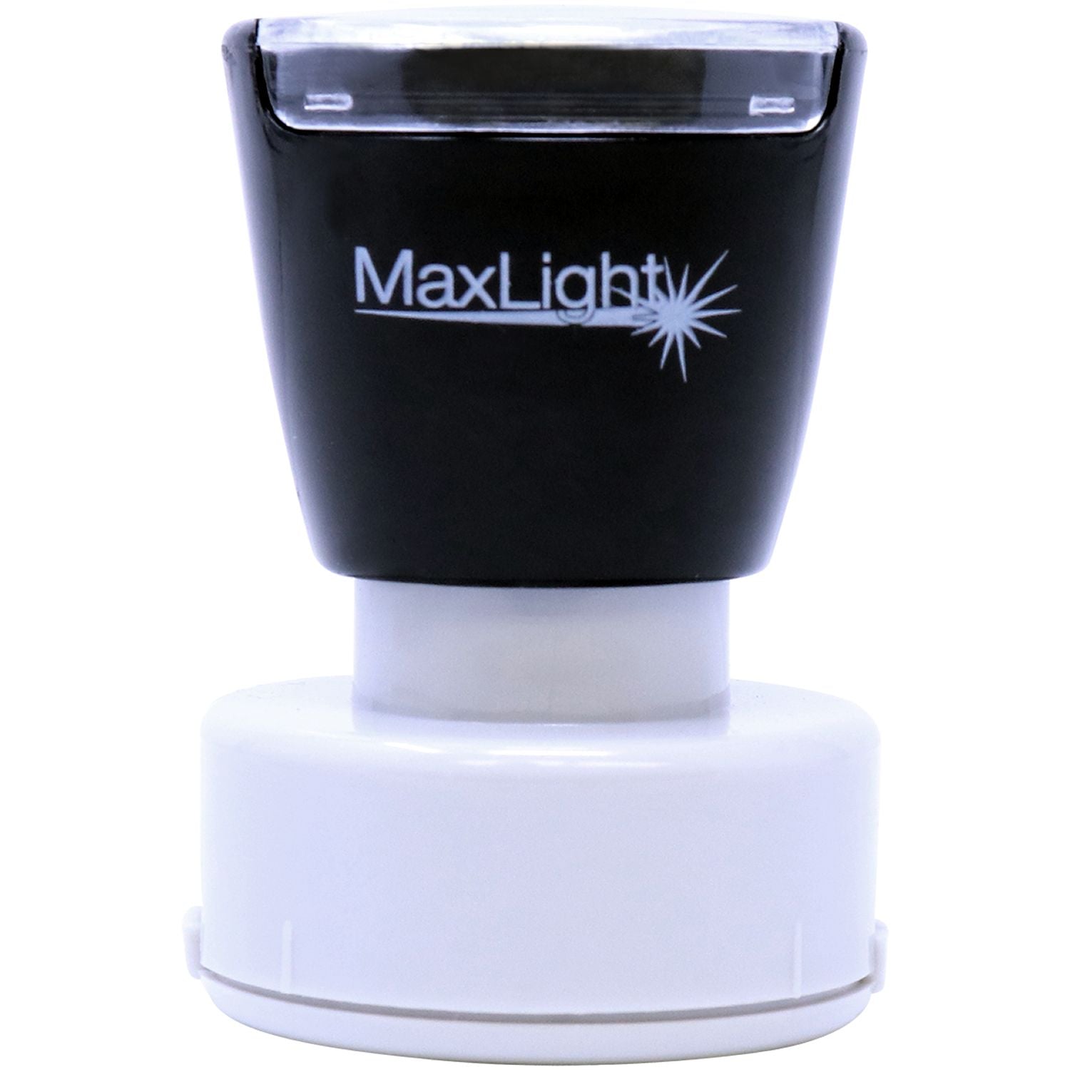 MaxLight XL2-495 Custom Pre-Inked Business Stamp 1-3/16 Diameter, black and white, front view with clear top and logo visible.