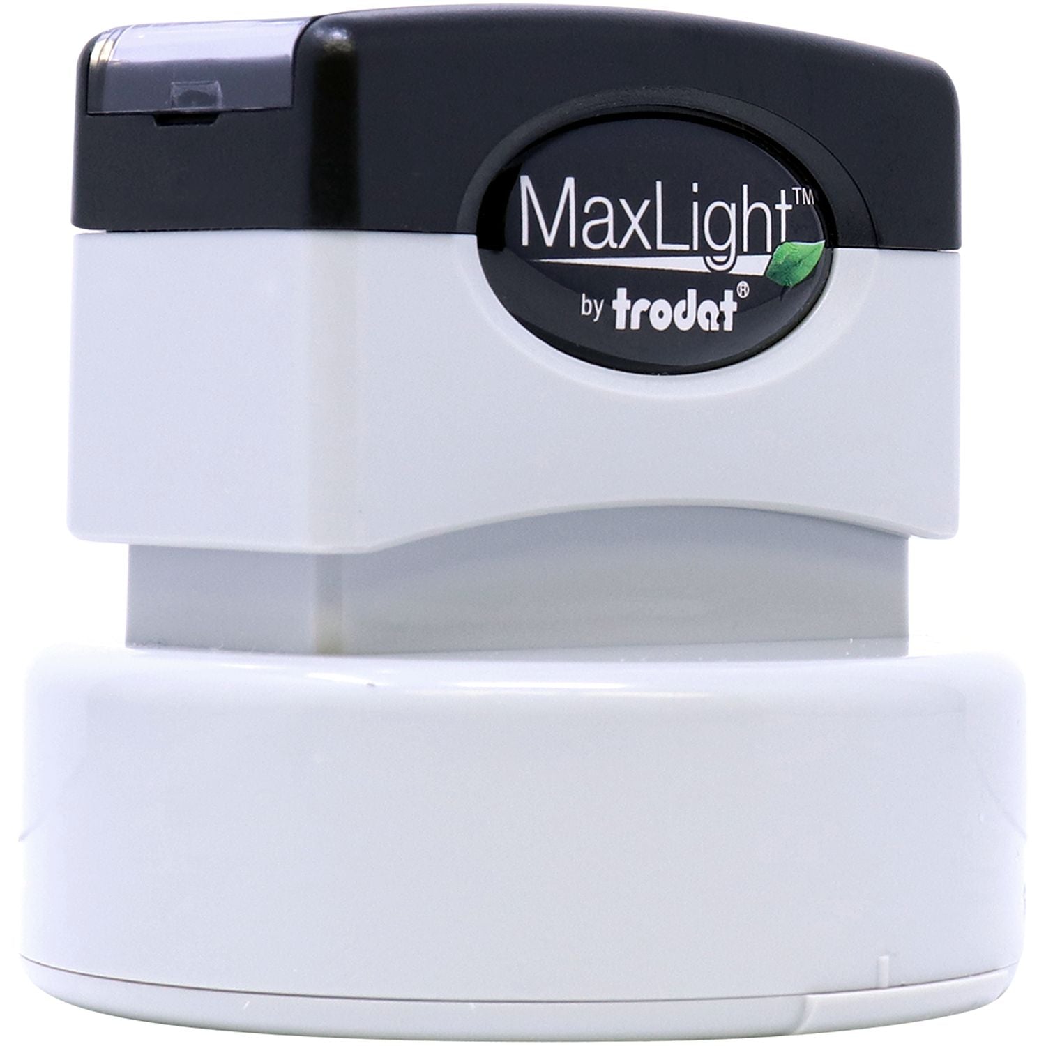 MaxLight XL2-535 Custom Pre-Inked Business Stamp 1-5/8 Diameter, shown in a white and black casing with the MaxLight logo on the front.