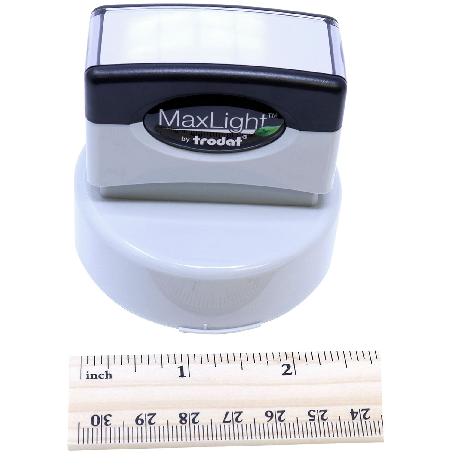 MaxLight XL2-535 Custom Pre-Inked Business Stamp 1-5/8 Diameter shown next to a ruler for size reference.