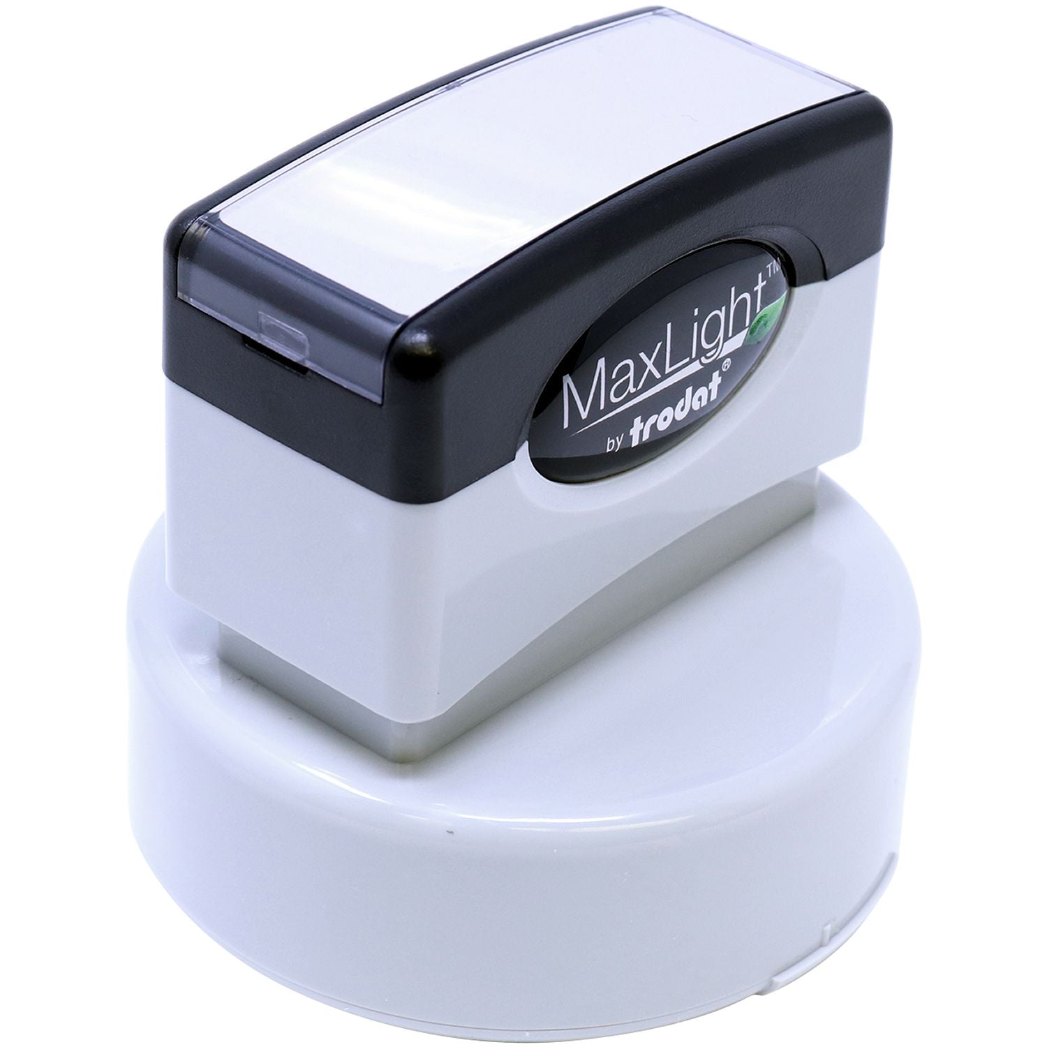 MaxLight XL2-535 Custom Pre-Inked Business Stamp 1-5/8 Diameter, shown from a top-front angle, featuring a sleek black and white design.