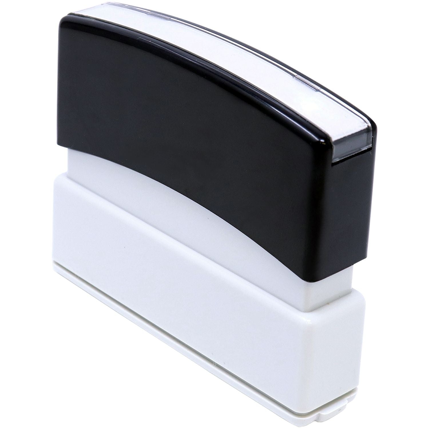 MaxLight XL2-55 Custom Pre-Inked Business Stamp 3/16 x 2-1/2, shown in black and white, angled view highlighting its compact design.