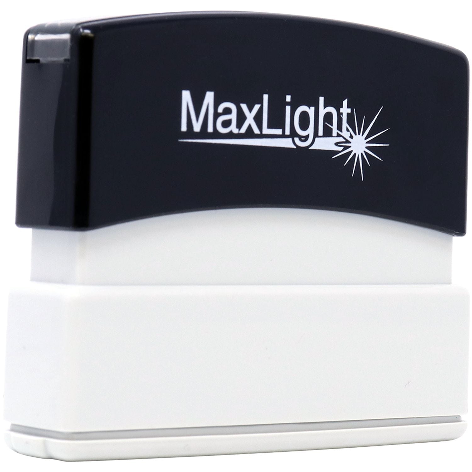 MaxLight XL2-55 Custom Pre-Inked Business Stamp 3/16 x 2-1/2 in black and white, shown from a front angle on a white background.