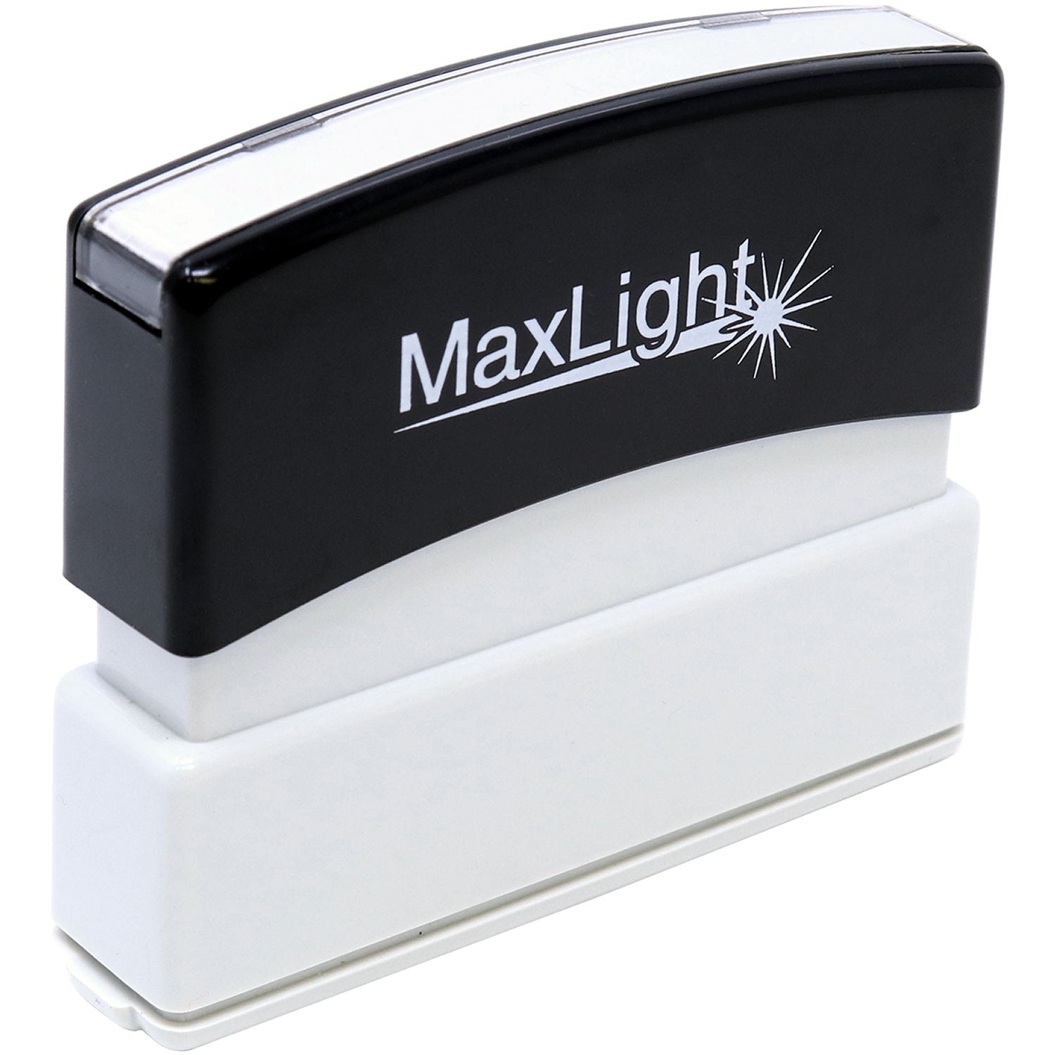 MaxLight XL2-55 Custom Pre-Inked Business Stamp 3/16 x 2-1/2, black and white, shown from a front angle on a white background.