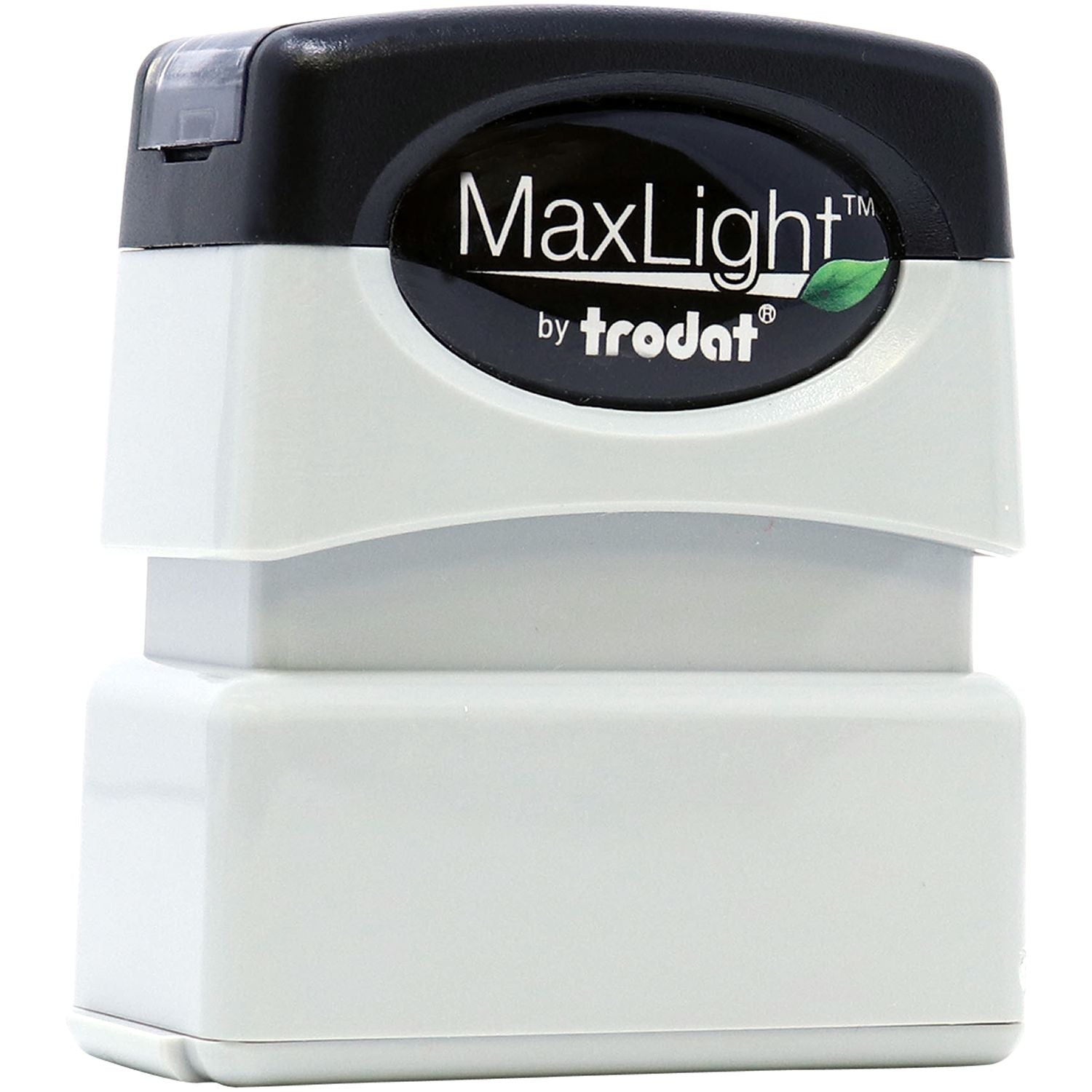 MaxLight XL2-75 Custom Pre-Inked Business Stamp 1/2 x 1-11/16 in white and black, front angle view showing the brand logo.