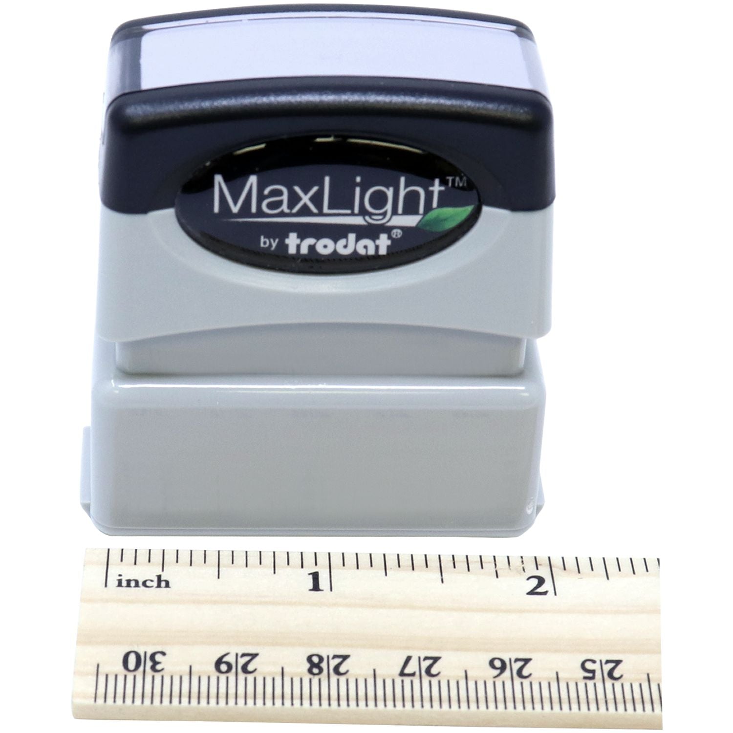 MaxLight XL2-75 Custom Pre-Inked Business Stamp 1/2 x 1-11/16 shown next to a ruler for size reference.