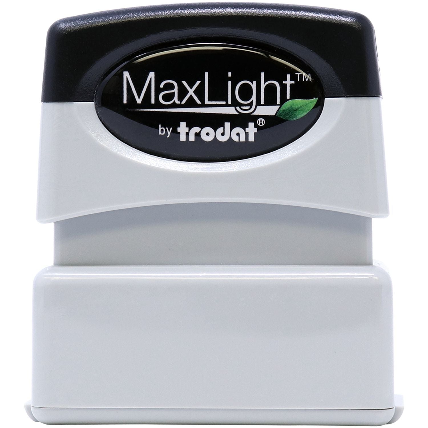 MaxLight XL2-75 Custom Pre-Inked Business Stamp 1/2 x 1-11/16 in white and black, shown from the front with branding visible.