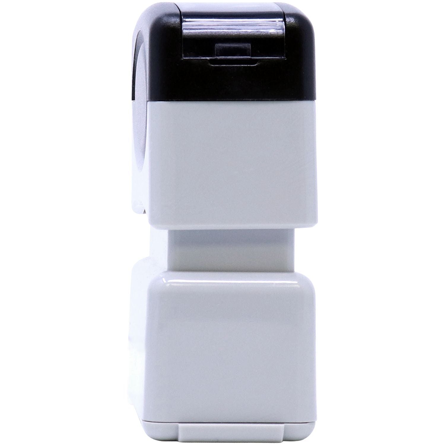 MaxLight XL2-75 Custom Pre-Inked Business Stamp 1/2 x 1-11/16, shown from the side, featuring a sleek white and black design.