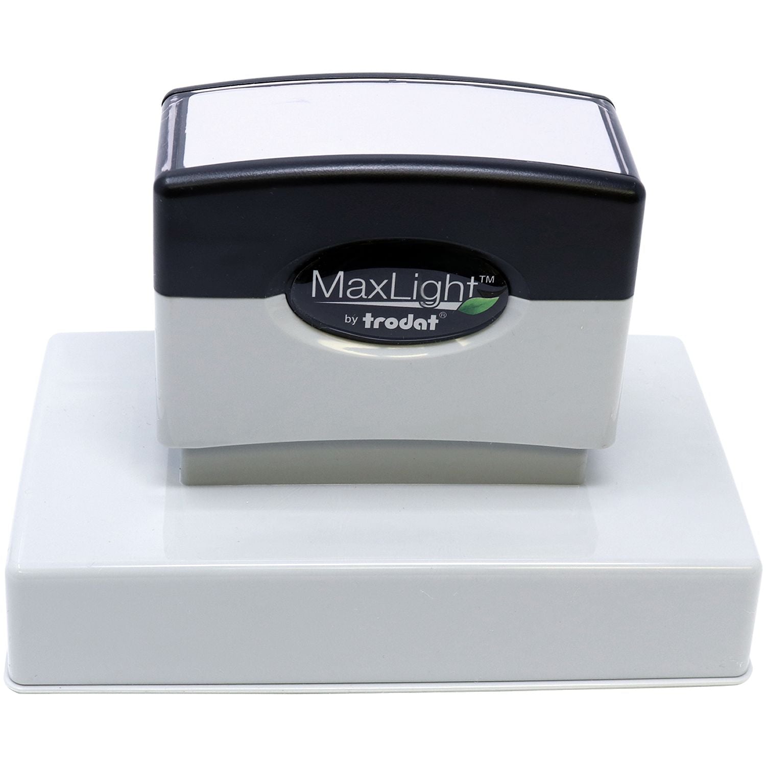 MaxLight XL2-750 Custom Pre-Inked Business Stamp 1-1/2 x 4-1/3, shown from a top-front angle, with a black and gray design on a white base.