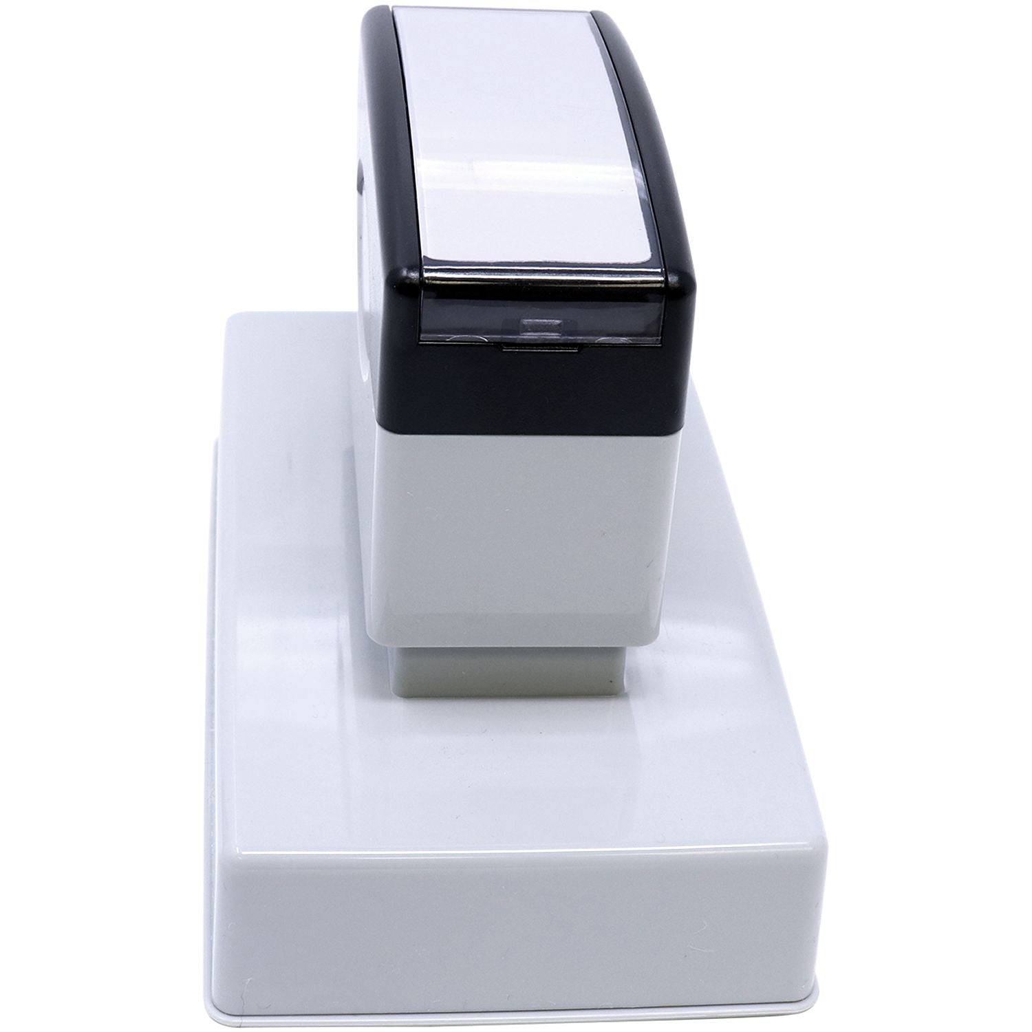 MaxLight XL2-750 Custom Pre-Inked Business Stamp 1-1/2 x 4-1/3, shown from a top-side view, featuring a sleek white and black design.