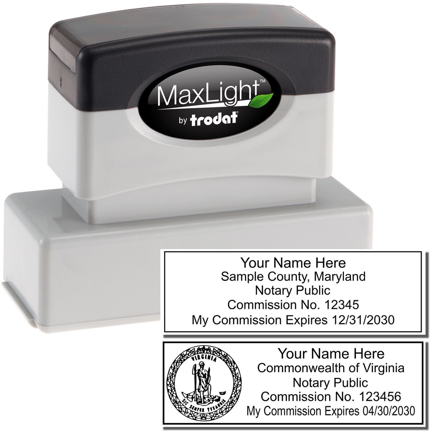 MaxLight Pre-Inked State Seal Notary Stamp with black top and white base, shown with customizable notary public commission details.