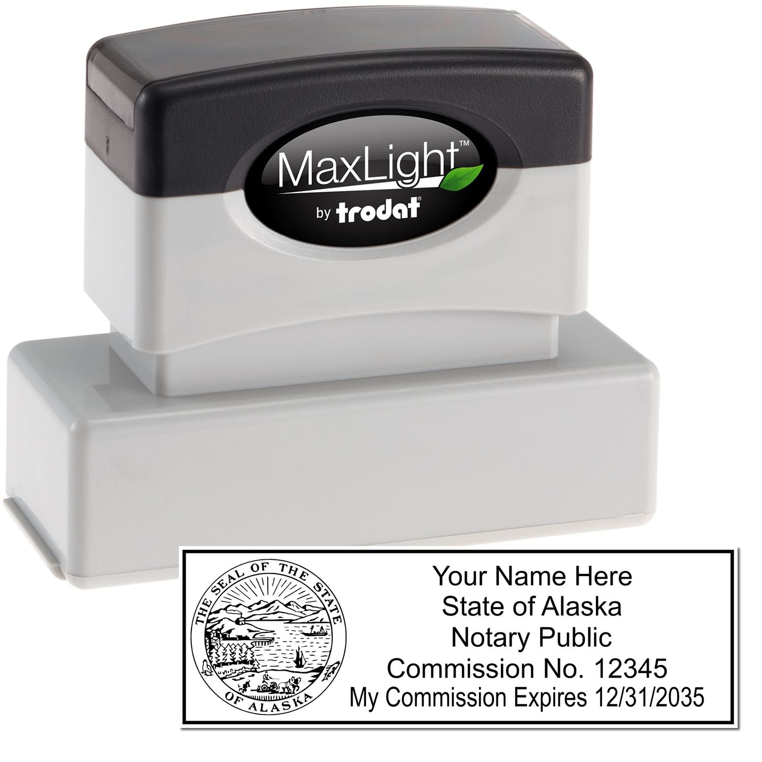 The main image for the MaxLight Premium Pre-Inked Alaska State Seal Notarial Stamp depicting a sample of the imprint and electronic files