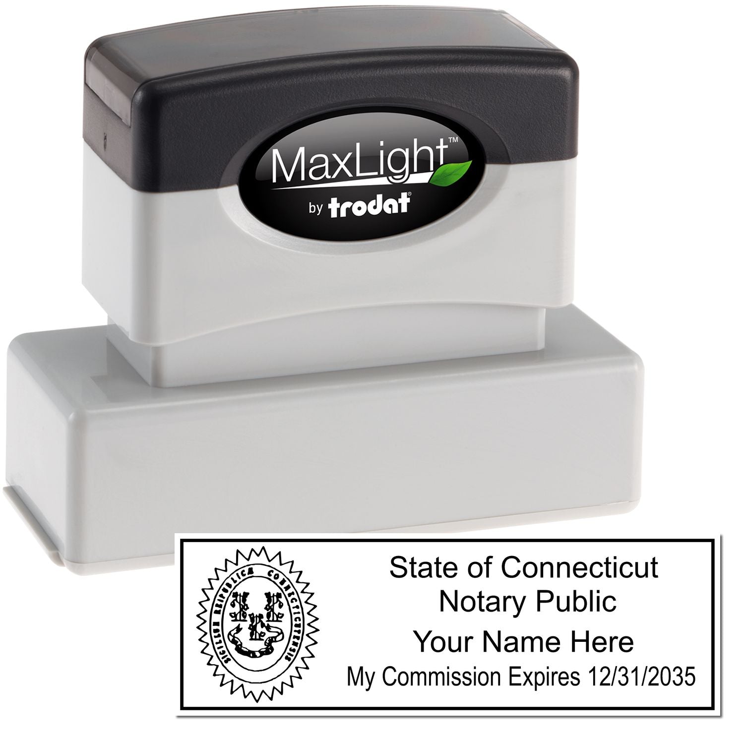 The main image for the MaxLight Premium Pre-Inked Connecticut State Seal Notarial Stamp depicting a sample of the imprint and electronic files