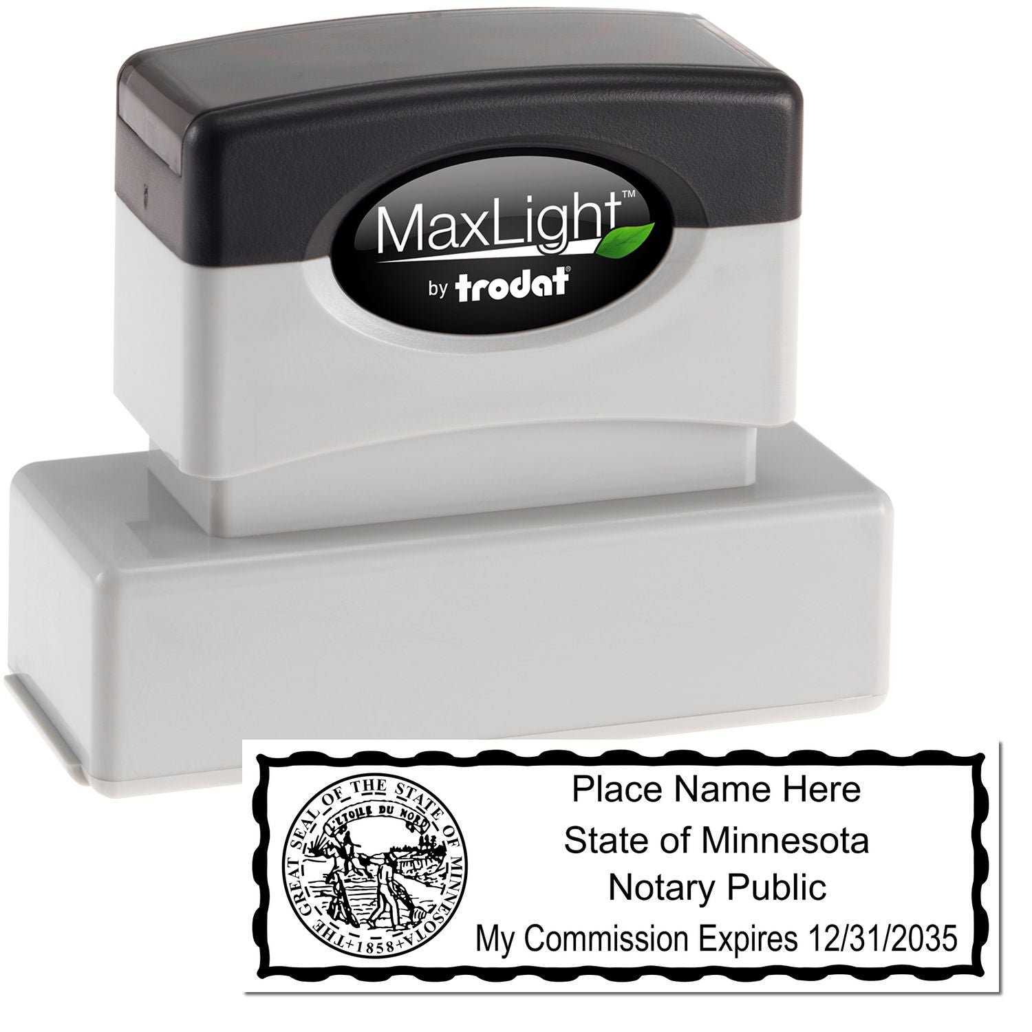 The main image for the MaxLight Premium Pre-Inked Minnesota State Seal Notarial Stamp depicting a sample of the imprint and electronic files