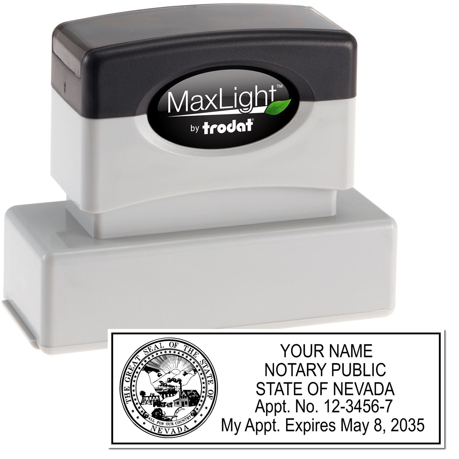 The main image for the MaxLight Premium Pre-Inked Nevada State Seal Notarial Stamp depicting a sample of the imprint and electronic files