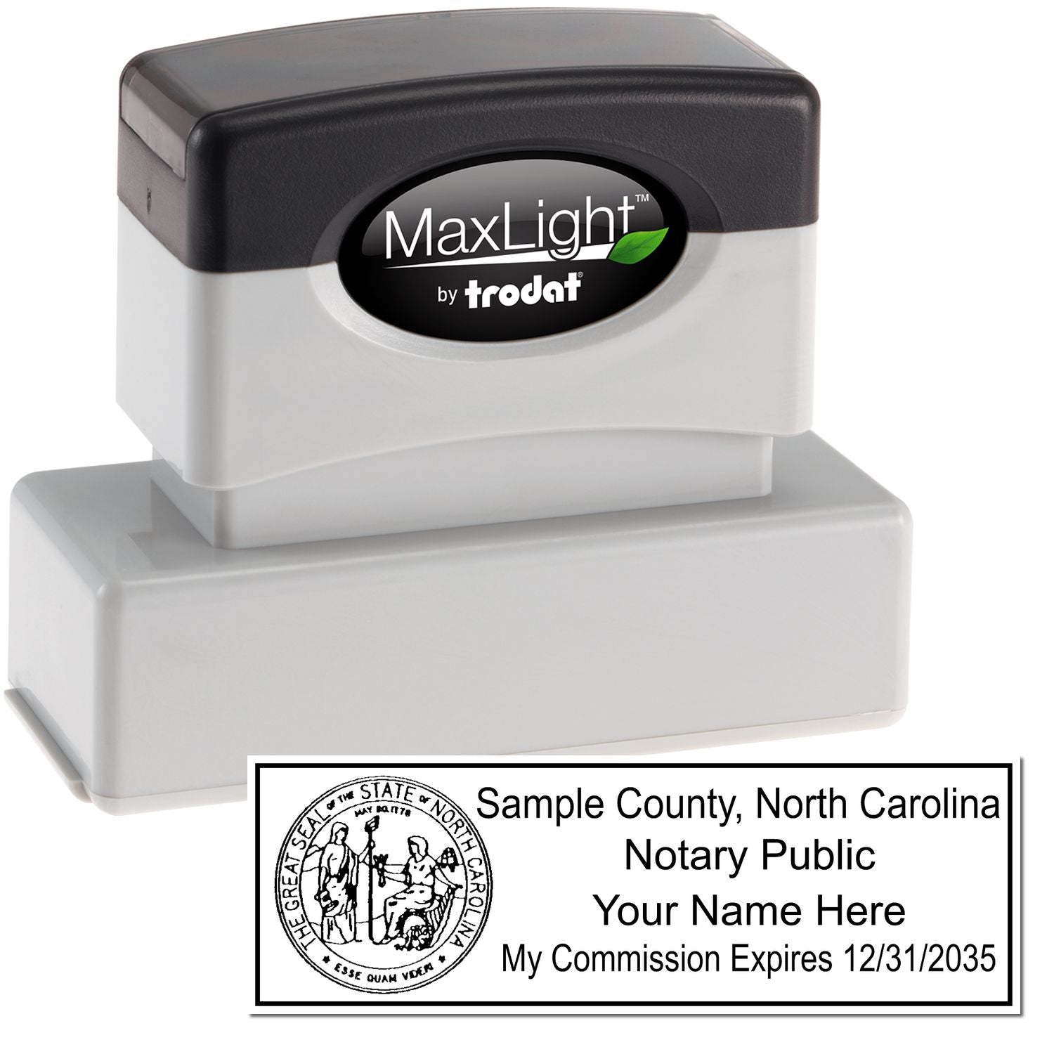 The main image for the MaxLight Premium Pre-Inked North Carolina State Seal Notarial Stamp depicting a sample of the imprint and electronic files