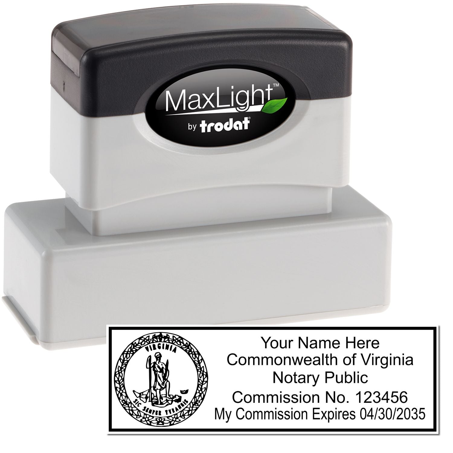 The main image for the MaxLight Premium Pre-Inked Virginia State Seal Notarial Stamp depicting a sample of the imprint and electronic files