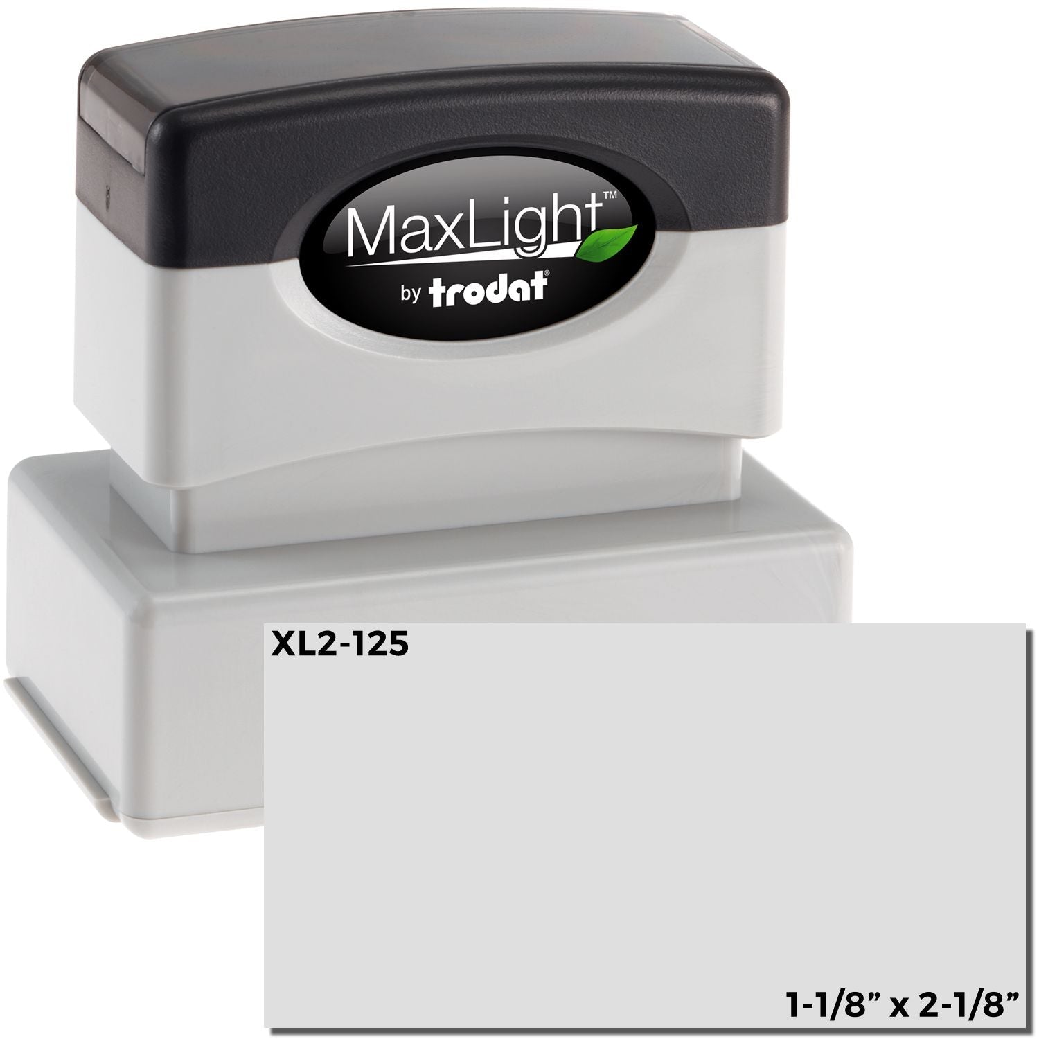 MaxLight XL2-125 Custom Pre-Inked Business Stamp 1 x 2, shown with a black top and gray base, alongside a blank stamping area.