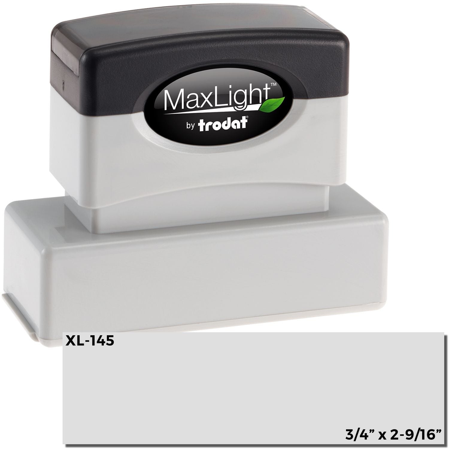 MaxLight XL2-145 Custom Pre-Inked Business Stamp 5/8 x 2-3/8 with black and white design, shown with a sample imprint area.