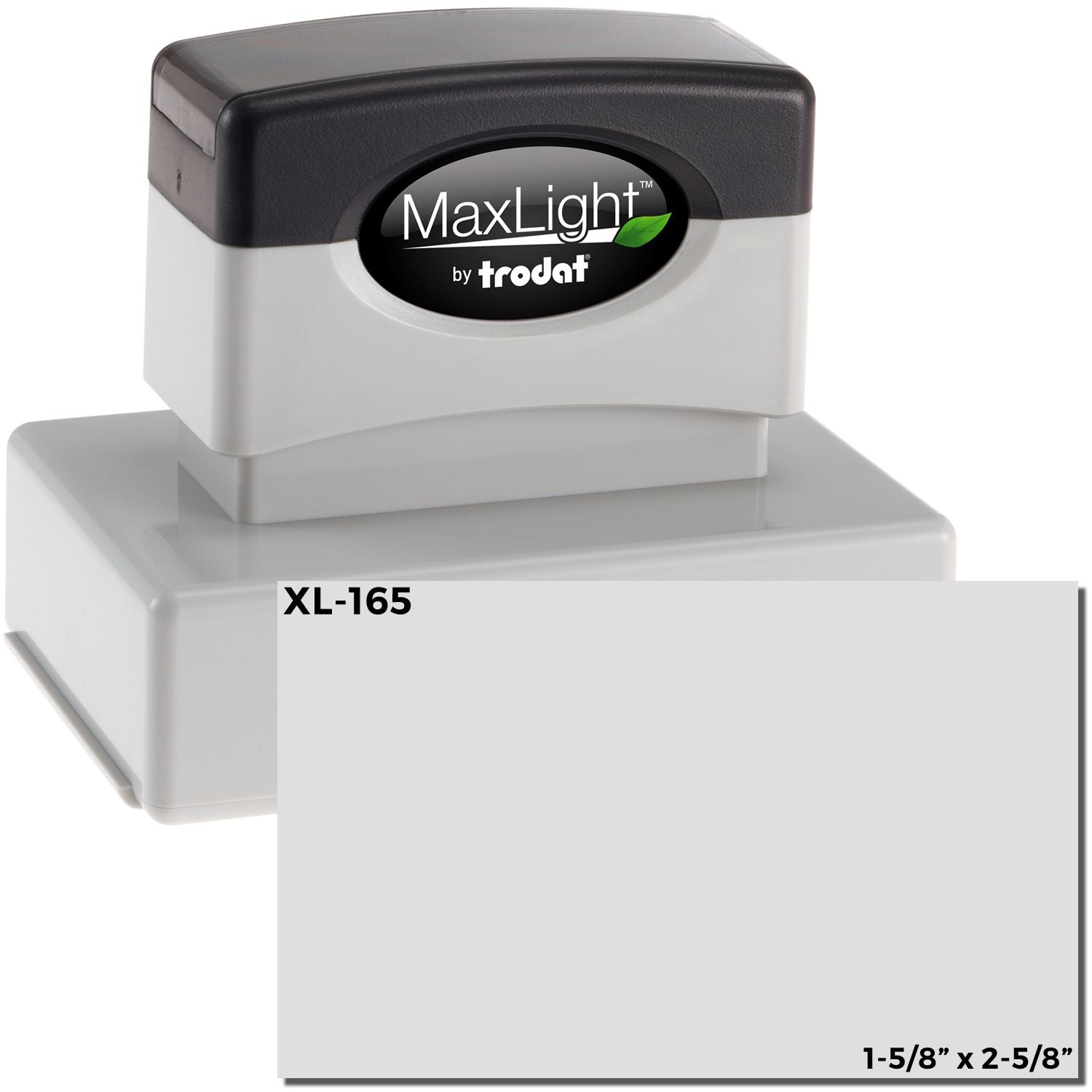 MaxLight XL2-165 Custom Pre-Inked Business Stamp 1-1/2 x 2-1/2 with a black and gray design, shown with a sample imprint area.