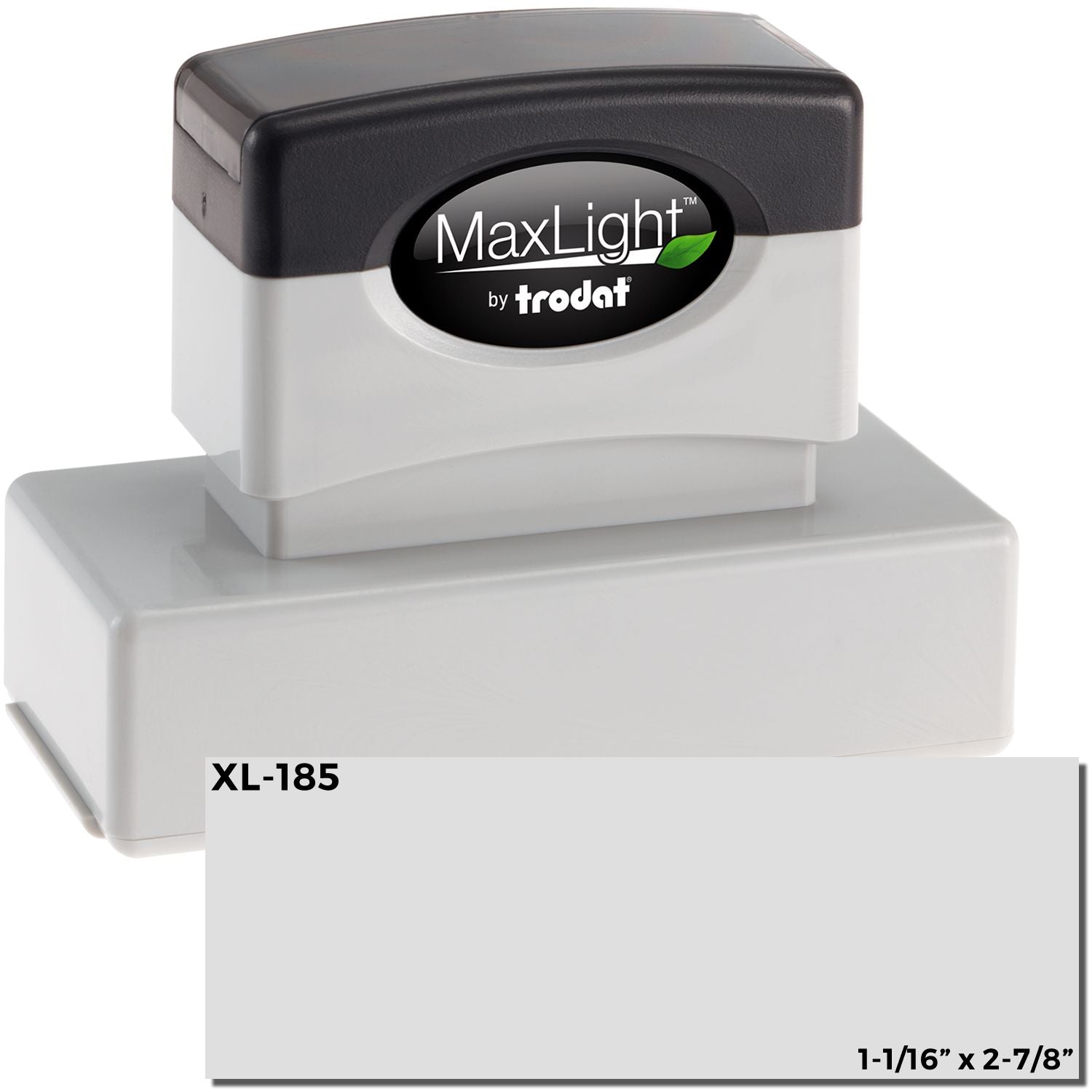 MaxLight XL2-185 Custom Pre-Inked Business Stamp 15/16 x 2-3/4 with black top and white base, shown with product label and dimensions.