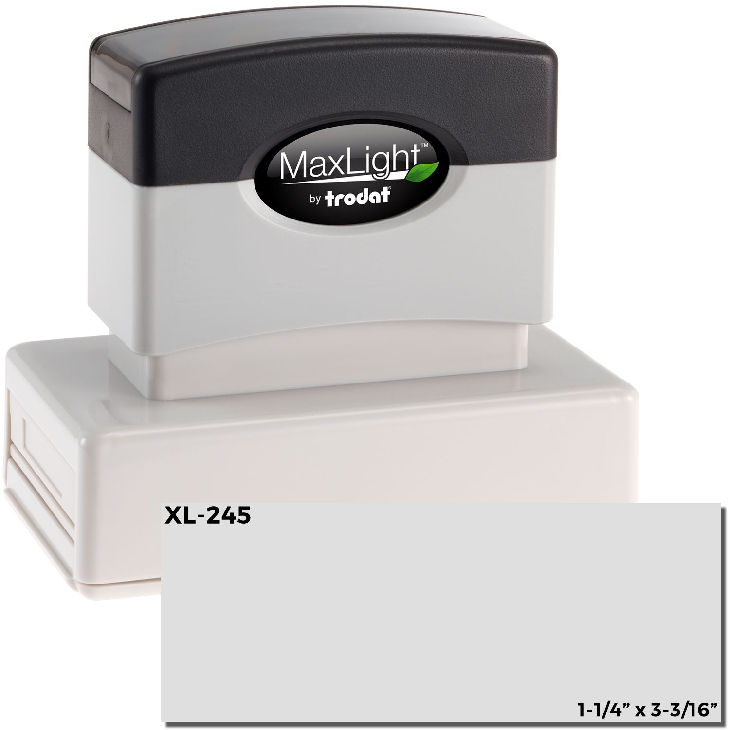 MaxLight XL2-245 Custom Pre-Inked Business Stamp 1-1/4 x 3-3/16, shown with a black and white design, and product dimensions displayed.