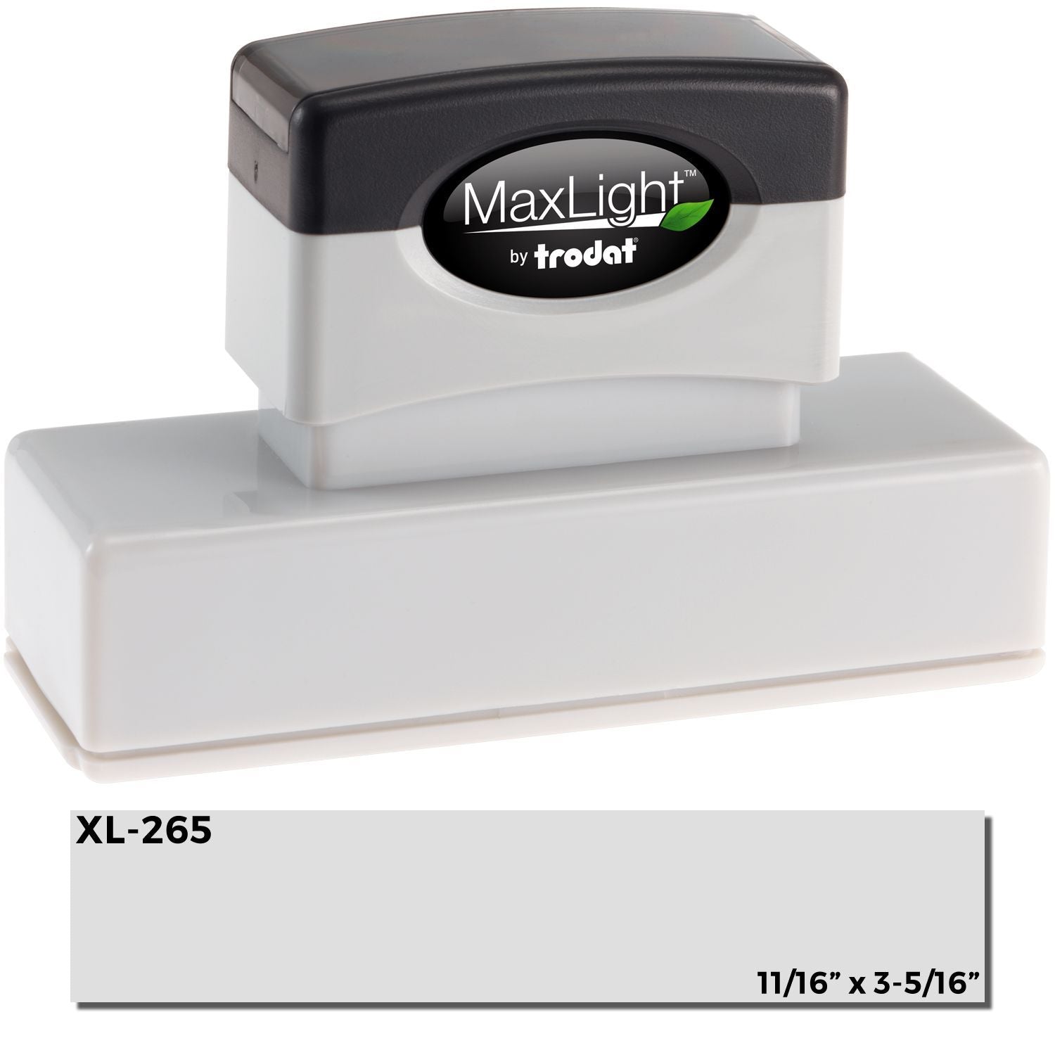 MaxLight XL2-265 Custom Pre-Inked Business Stamp 11/16 x 3-5/16, featuring a black and white design with product dimensions shown below.