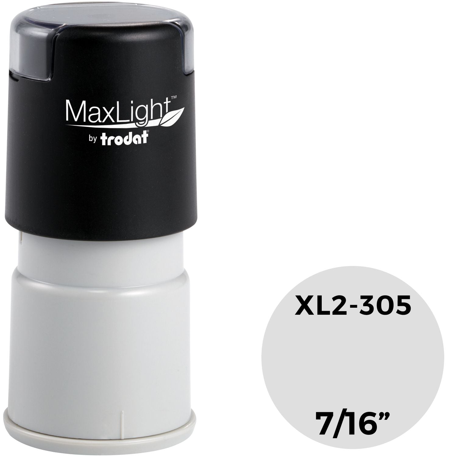 MaxLight XL2-305 Custom Pre-Inked Business Stamp 7/16 Diameter, black and white, cylindrical design with product name and size displayed.