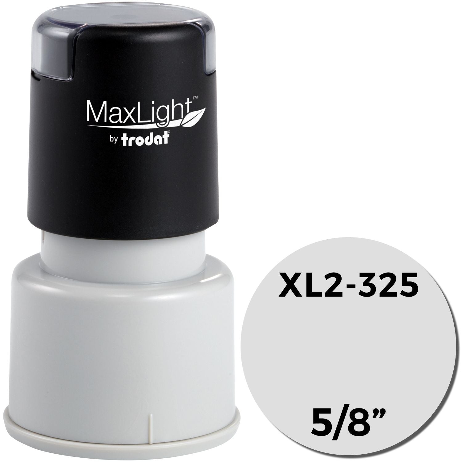 MaxLight XL2-325 Custom Pre-Inked Business Stamp 5/8 Diameter, black and white design, shown with product name and size in the image.